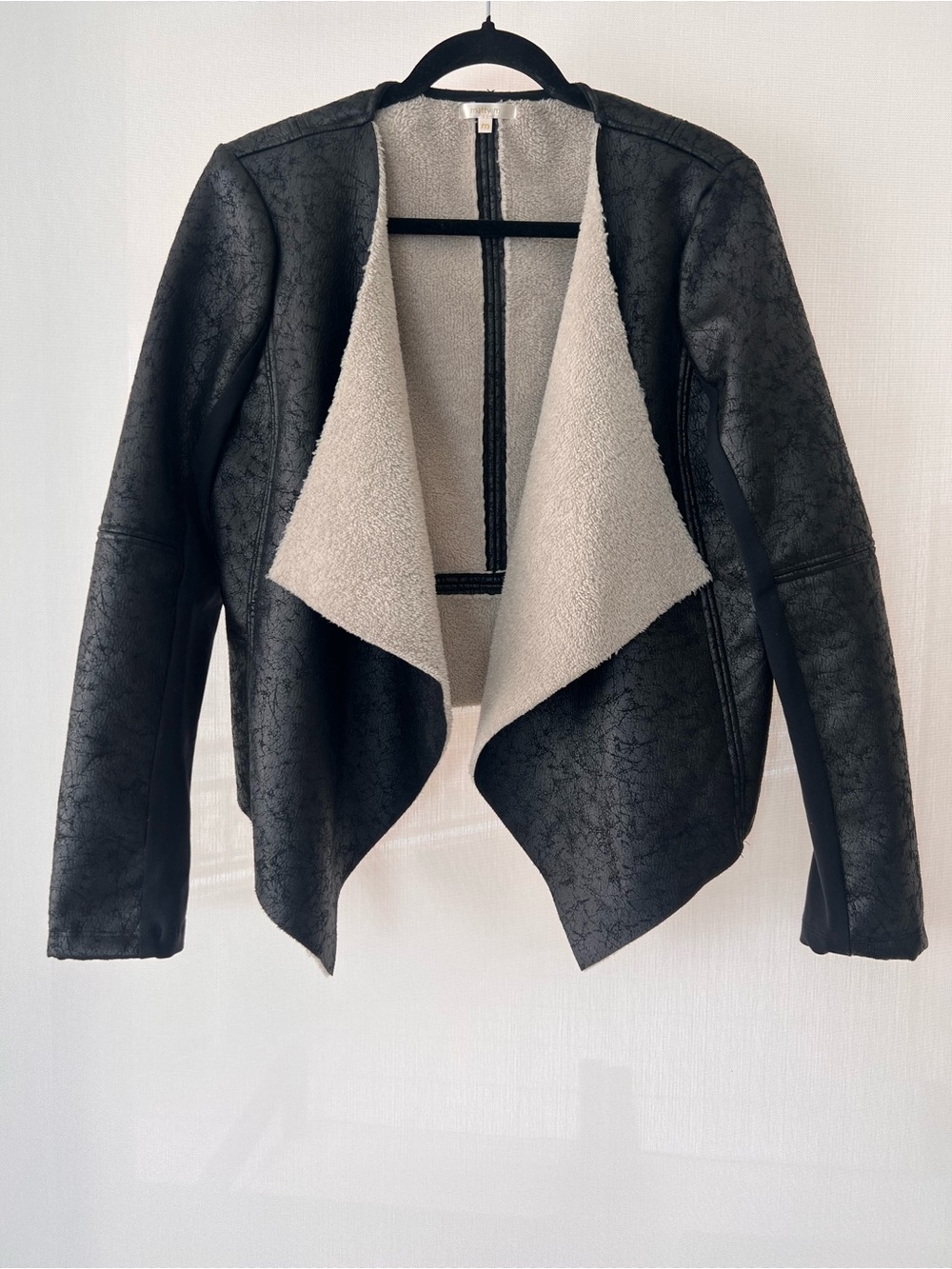 Matty M Black Faux Leather Open-Front Jacket with Cream Sherpa Lining